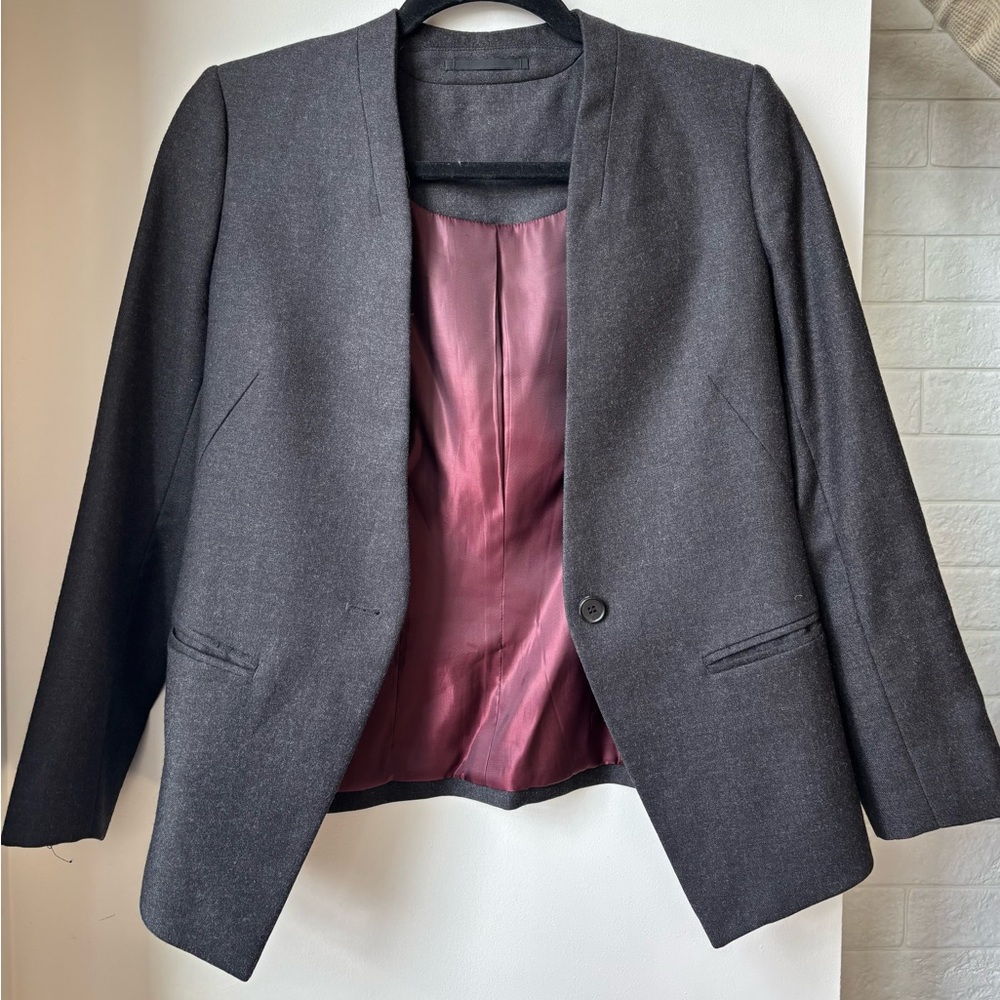 All Saints Charcoal Blazer with Burgundy Lining
